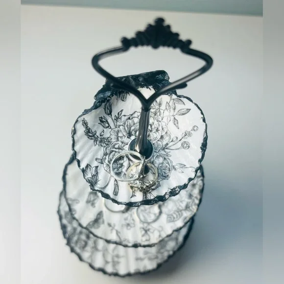 Handmade 3 Tier Scallop Shell Jewelry Stand With Black Rose Decoupage design - Picture 2 of 9